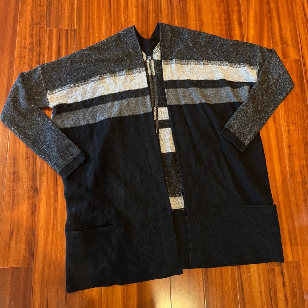 Vince Wool Cashmere Cardigan Sweater Stripe Open Front Black Grey Size Small